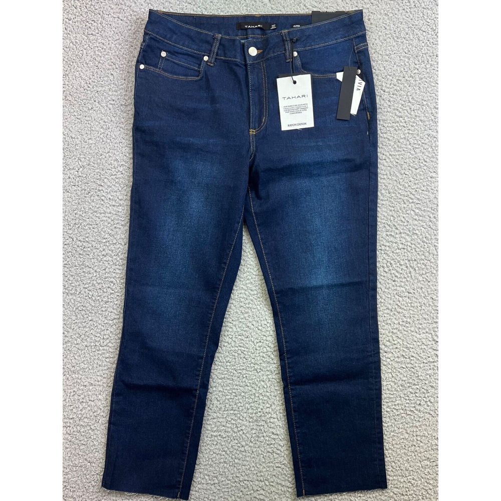Tahari Womens Olivia Denim Blue Jeans Mid Rise Slim Straight 12/25‎ Cut Roll Hem